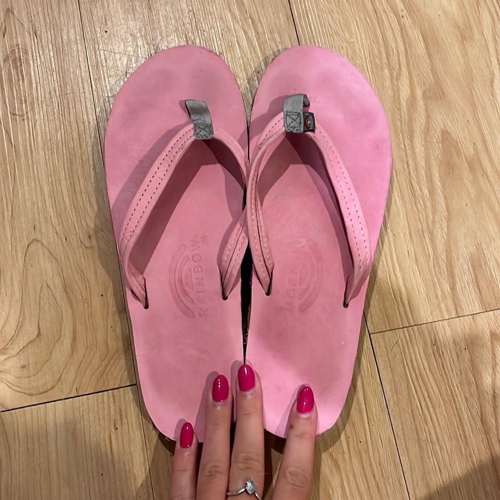 Pink rainbow flip flops